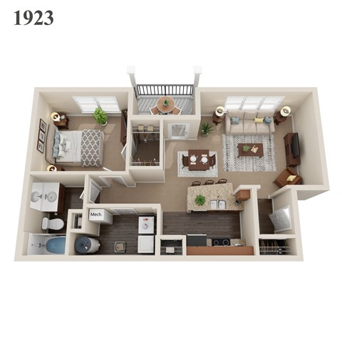Floor plan for 1 bed, 1 bath, 750 sqft